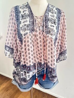 Knox Rose Pink Lace-Up Boho Tunic Top Navy Border Print Peasant Blouse M